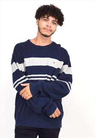 VINTAGE 90S TOMMY HILFIGER NAVY/GREY STRIPED JUMPER