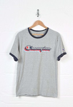 Vintage Champion Spell Out Ringer T-Shirt Crew Neck Grey Med