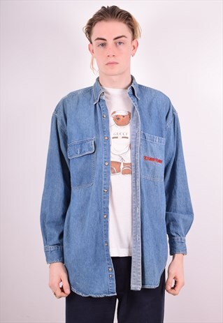 MENS VINTAGE DENIM SHIRT SMALL BLUE 90S