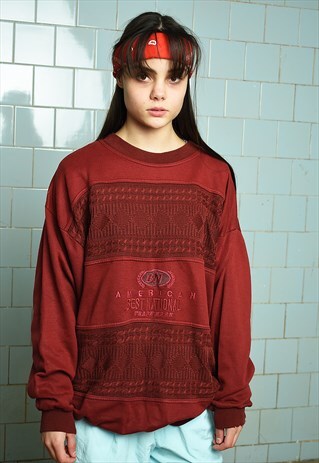 VINTAGE 80S KNIT DETAILED OVERSIZED SWEATSHIRT JUMPER MAROON