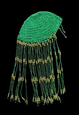 Vintage Green Crochet Beanie Hat Gold Bead Tassels
