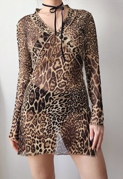 vintage y2k leopard printed mesh mini dress