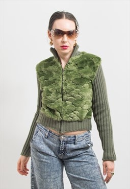 Vintage Y2K faux fur jacket in green cropped bomber knitted