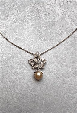 Christian Dior Necklace Silver Pearl Crystal Leaf Vintage 80