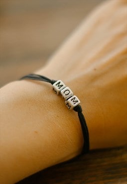 Silver MOM bracelet letter beads black cord mother gift