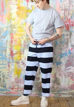 Blue n Pale Blue Striped Textured Pique Joggers