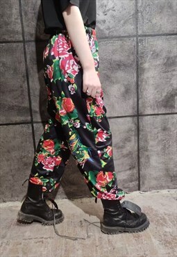 Dragon print joggers slim fit cuffed floral overalls black