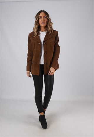 VINTAGE SUEDE LEATHER FITTED JACKET UK 18 BROWN (9LBN)