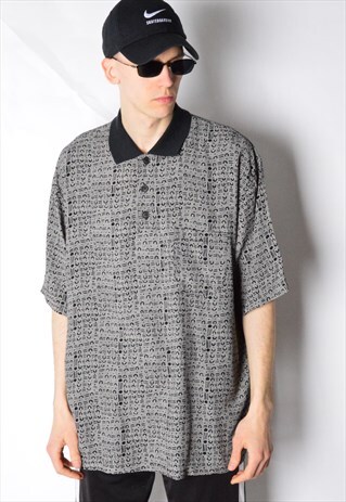 VINTAGE 80S GREY AZTEC PRINT 1/4 BUTTON SHORT SLEEVE SHIRT