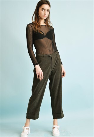 80'S CLASSY FAUX SUEDE KHAKI GREEN SHORT CUT TROUSERS