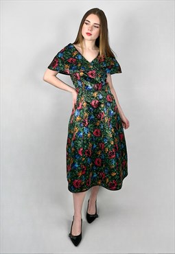 50's Vintage Green Floral Red Prom Style Ladies Midi Dress
