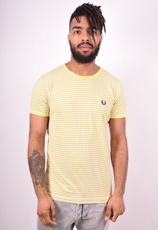 FRED PERRY MENS VINTAGE T-SHIRT TOP SMALL YELLOW STRIPES 90'