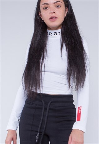 WHITE HIGH NECK LONG SLEEVE CROP TOP WITH LOGO AT NECK