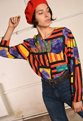 80'S RETRO COLOUR BLOCK FESTIVAL LONG BLOUSE SHIRT TOP