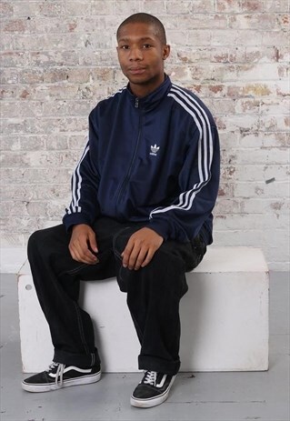 VINTAGE ADIDAS LOGO 3 STRIPE TRACK JACKET NAVY BLUE