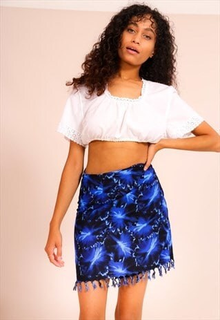 VINTAGE 90S WRAP FRONT SKIRT IN BLUE TIE DYE PATTERN