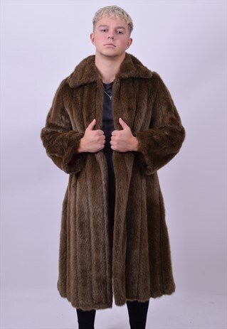 VINTAGE 80'S FULL LENGTH BROWN FAUX FUR COAT SIZE MEDIUM