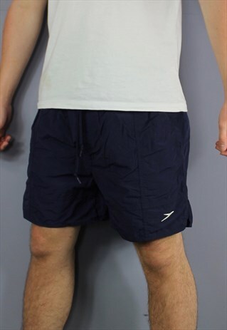 VINTAGE SPEEDO SHORTS IN NAVY BLUE WITH POCKETS, PRINTED LOG