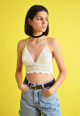 70'S STYLE FESTIVAL OFF-WHITE CROCHET BRALET HALTER CROP TOP