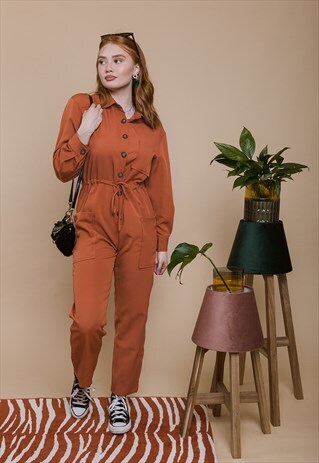 ORANGE BUTTON FRONT UTILITY JUMPSUIT