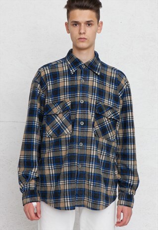 VINTAGE BLUE BROWN LONG SLEEVE FLEECE SHIRT