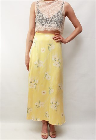 VINTAGE 80' AMAZING CUTE FLOWER PASTEL YELLOW SILK SKIRT