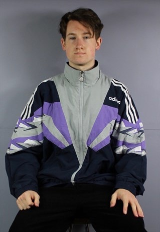 VINTAGE ADIDAS POLYESTER WINDBREAKER JACKET IN NAVY BLUE, GR