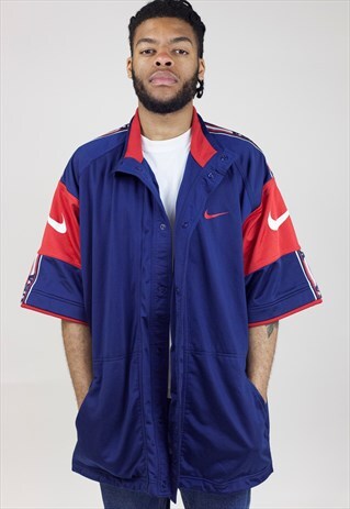 VINTAGE 90S NIKE NAVY/RED SHORT-SLEEVE ZIP-UP SWEATSHIRT