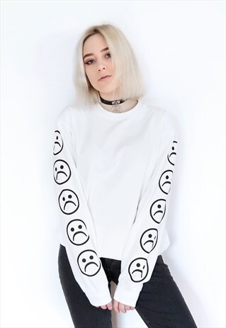 SAD EMOTICONS WHITE SWEATSHIRT JUMPER WITH SAD FACES PRINT