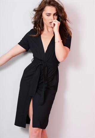 BLACK SHORT SLEEVE WRAP DRESS WITH BELT