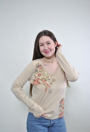Y2k flowers shirt, pullover hippie top LARGE size beige 