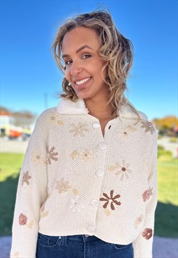 Handknit Cardigan with Velvet Applique Daisies