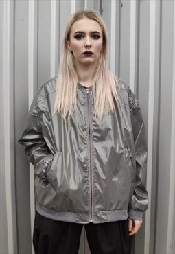 Shiny varsity jacket rubber bomber thin windbreaker in grey