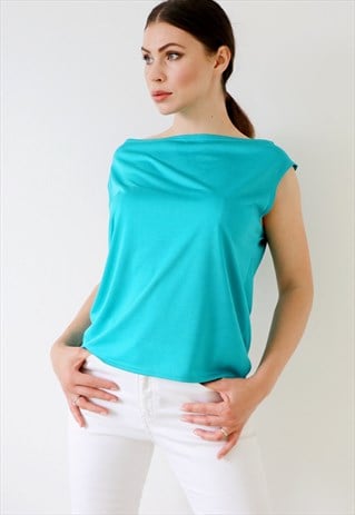 90S VINTAGE COWL NECK VEST TOP SLEEVELESS TANK AQUA BLUE M