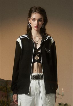 Colour block track jacket retro sport bomber jacket in black