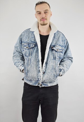 VINTAGE 90S BRASSRAIL SHEARLING LINED ACID WASH DENIM JACKET
