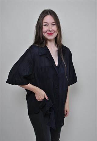 VINTAGE BLACK BLOUSE, OVERSIZED CASUAL BUTTON DOWN SHIRT