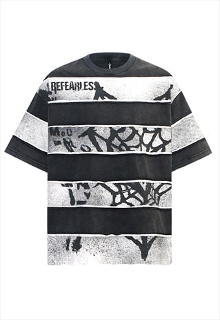 HORIZONTAL STRIPE T-SHIRT GREY GRAFFITI TEE SPLATTER TOP