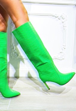 Lime Green Leather Look Croc Pointed Heeled Boot