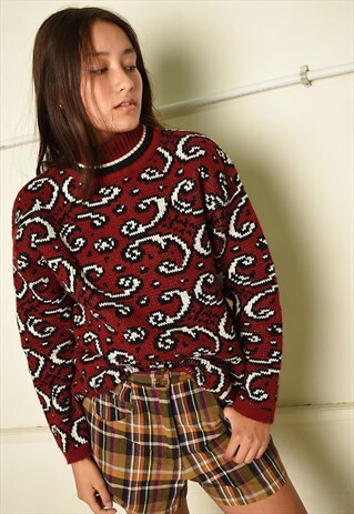 80'S RETRO ABSTRACT PATTERN ROLL NECK KNIT PARIS CHIC JUMPER