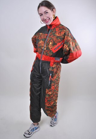 ABSTRACT PRINT RETRO SKI SUIT, VINTAGE BLACK WOMEN SNOW SUIT