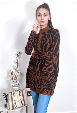 Fine Knit Leopard Print Pattern design Jumper Dress in brown
