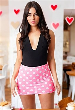 Pink Polka Dot High Waist Bodycon Fit Partywear Short Skirt