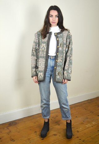 90S VINTAGE GREEN TAPESTRY PATTERN BUTTON UP CARDIGAN