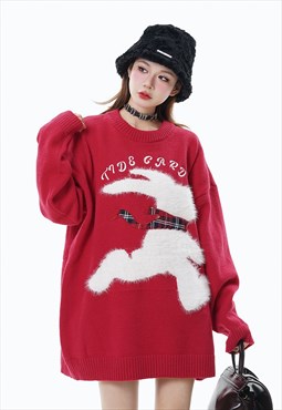 Bunny sweater rabbit print jumper knitted festival top red