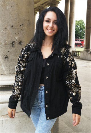 BLACK DENIM AND HANDSTITCHED 3D FLOWER LACE JACKET