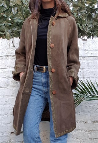 VINTAGE DARK GREEN SUEDE EMBROIDERED COAT