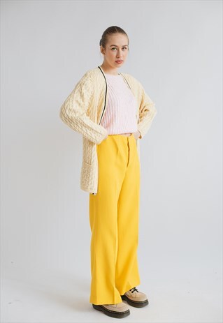 VINTAGE BOXY FIT ZIP UP CABLE KNIT YELLOW WOOL CARDIGAN M