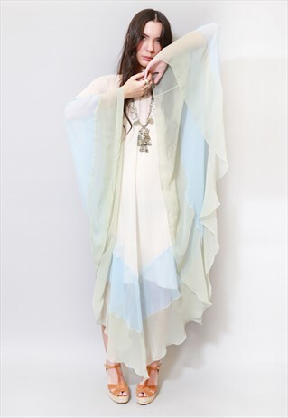 VINTAGE 1970'S BLUE GREEN & WHITE CHIFFON KAFTAN DRESS