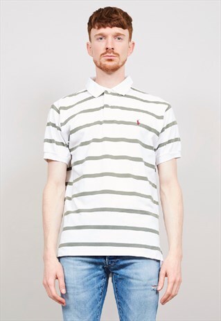 VINTAGE 90'S RALPH LAUREN GREEN / WHITE STRIPED POLO T-SHIRT